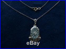 Antique Art Deco 14K White Gold Camphor Glass Necklace Diamond 15.5 Chain
