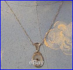 Antique Art Deco 14K White Gold Diamond Filigree Pendant 16 Necklace