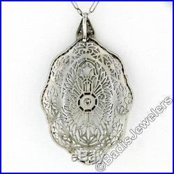 Antique Art Deco 14K White Gold Diamond Open Filigree Wavy Oval Pendant Necklace