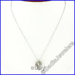 Antique Art Deco 14K White Gold Diamond Sapphire Open Filigree Pendant Necklace