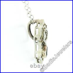 Antique Art Deco 14K White Gold Diamond Sapphire Open Filigree Pendant Necklace