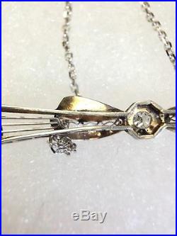 Antique Art Deco 14K White Gold Filigree. 25CT Diamond Bow Pendant Necklace