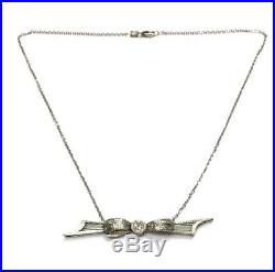 Antique Art Deco 14K White Gold Filigree. 25CT Diamond Bow Pendant Necklace