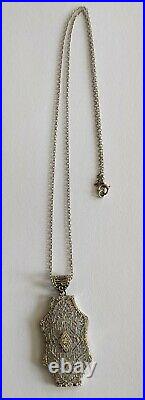 Antique Art Deco 14K White Gold Filigree Diamond Pendant Necklace