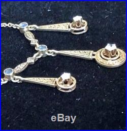 Antique Art Deco 14K Yellow Gold Diamond, Sapphire Dangle Lavalier Necklace