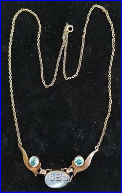 Antique Art Deco 14k Gold Blue Zircon Moonstone Pendant Necklace Binder Bros