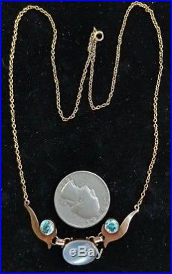 Antique Art Deco 14k Gold Blue Zircon Moonstone Pendant Necklace Binder Bros