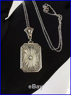 Antique Art Deco 14k Gold Camphor Glass Diamond Filigree Pendant Necklace
