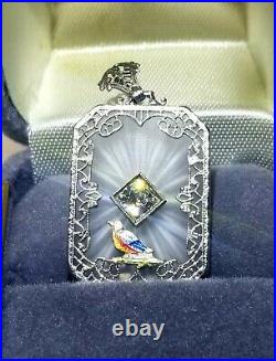 Antique Art Deco 14k Gold Camphor Glass Diamond Necklace Pendant