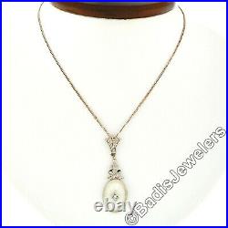 Antique Art Deco 14k Gold Camphor Glass Diamond with Bow Filigree Pendant Necklace