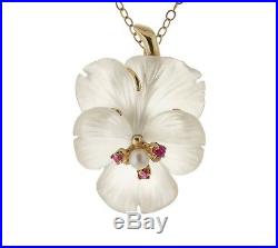 Antique Art Deco 14k Gold Carved Rock Crystal Pearl Ruby Flower Necklace 581840