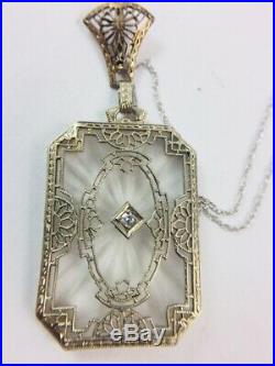 Antique Art Deco 14k Gold Diamond Filigree Camphor Carved Glass Necklace 18