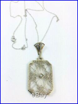 Antique Art Deco 14k Gold Diamond Filigree Camphor Carved Glass Necklace 18