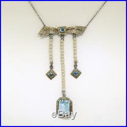 Antique Art Deco 14k Gold Emerald Cut Aquamarine & Seed Pearl Filigree Necklace