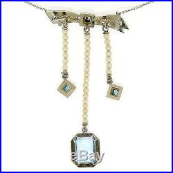 Antique Art Deco 14k Gold Emerald Cut Aquamarine & Seed Pearl Filigree Necklace