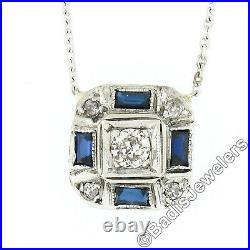 Antique Art Deco 14k Gold European Diamond & Sapphire Petite Pendant Necklace