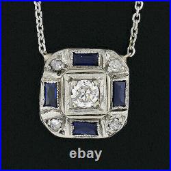 Antique Art Deco 14k Gold European Diamond & Sapphire Petite Pendant Necklace
