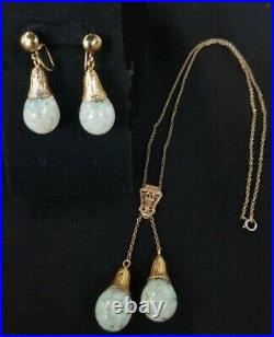 Antique Art Deco 14k Gold Floating Opal Double Pendant Necklace Estate Jewelry