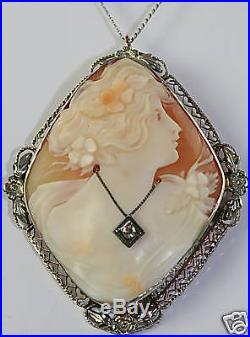 Antique Art Deco 14k Habille Diamond Cameo Necklace