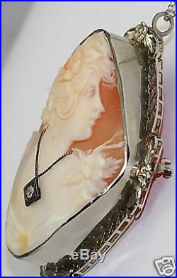 Antique Art Deco 14k Habille Diamond Cameo Necklace