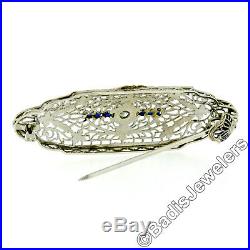 Antique Art Deco 14k White Gold 0.12ct Diamond Filigree Brooch Pendant Necklace