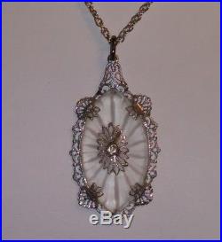 Antique Art Deco 14k White Gold Camphor Glass & Diamond Filigree Necklace