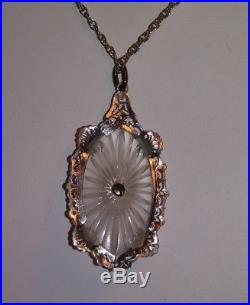 Antique Art Deco 14k White Gold Camphor Glass & Diamond Filigree Necklace