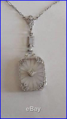 Antique Art Deco 14k White Gold Diamond Filigree Camphor Glass Necklace