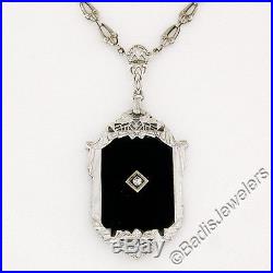 Antique Art Deco 14k White Gold Diamond Onyx Filigree Milgrain Rare Necklace