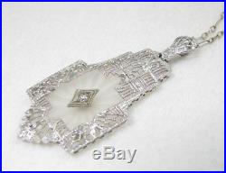 Antique Art Deco 14k White Gold Filigree Diamond Camphor Glass Pendant Necklace