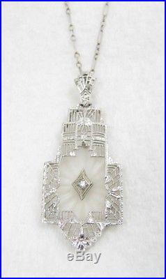 Antique Art Deco 14k White Gold Filigree Diamond Camphor Glass Pendant Necklace