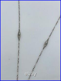 Antique Art Deco 14k White Gold Filigree Drop Chain Necklace