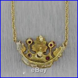 Antique Art Deco 14k Yellow Gold. 26ctw Ruby Diamond Crown Pendant Necklace