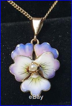 Antique Art Deco 14k Yellow Gold Enamel Pearl Pansy Pendant Chain Necklace