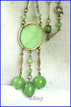 Antique Art Deco 17.5 Inch Brass Celery Green Art Glass Chech Necklace