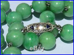 Antique Art Deco 18K White Gold Apple Green Jade Diamond Sapphire Bead Necklace
