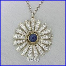 Antique Art Deco 18k Multi Gold 3.40ctw Diamond Sapphire Daisy Pendant Necklace