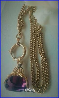 Antique Art Deco 1920's Gold Gf Amethyst Paste Swivel Fob Watch Chain Necklace