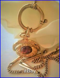 Antique Art Deco 1920's Gold Gf Amethyst Ruby Swivel Fob Watch Chain Necklace