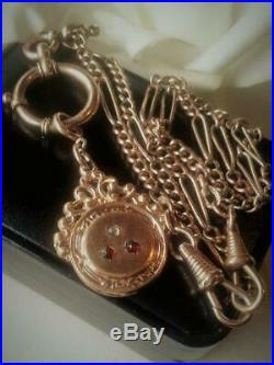 Antique Art Deco 1920's Gold Gf Garnet Paste Fob Ornate Watch Chain Necklace