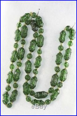 Antique Art Deco 1920's Green Molded Glass Necklace 26 Inch