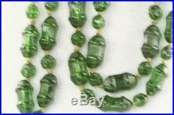 Antique Art Deco 1920's Green Molded Glass Necklace 26 Inch