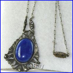 Antique Art Deco 1920's Lapis Blue Art Glass Marcasite Necklace 18.5 Inches Long