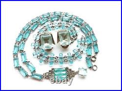 Antique Art Deco 1920s Aquamarine Czech Glass Marcasite Necklace, Bracelet 48Grm