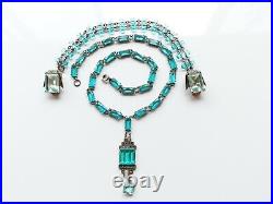 Antique Art Deco 1920s Aquamarine Czech Glass Marcasite Necklace, Bracelet 48Grm