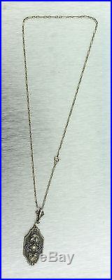 Antique Art Deco 1920s Filigree 14K Gold Diamond Sapphire Pearl Pendant Necklace