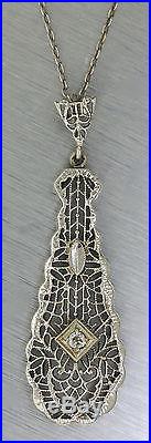 Antique Art Deco 1920s Filigree 14K White Gold Diamond Chain Necklace Pendant