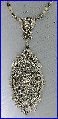 Antique Art Deco 1920s Filigree 14K White Gold Diamond Chain Necklace Pendant