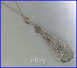 Antique Art Deco 1920s Filigree 14K White Gold Diamond Chain Necklace Pendant