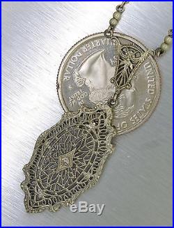 Antique Art Deco 1920s Filigree 14K White Gold Diamond Chain Necklace Pendant